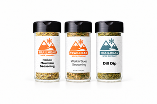 Dip Trio Gift Set with Italian Mountain Seasoning, Walk'n'Guac Seasoning, Dill Dip Mix jars side by side