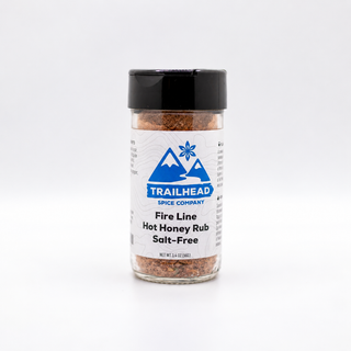 Fire Line Hot Honey Rub, salt-free, 3.4-ounce jar on a light white background