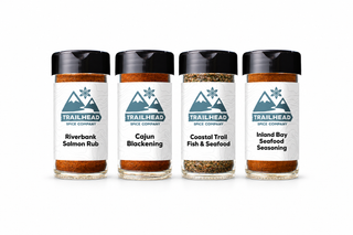 Seafood Delight Gift Set with Riverbank Salmon Rub, Cajun Blackening, Coastal Trail Fish and Seafood Rub, Inland Bay Seafood Seasoning jars side by side