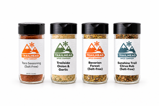 Skip the Salt Gift Set with Taco Seasoning - (Salt Free), Trailside Onion & Garlic, Bavarian Forest (Salt-Free), Sunshine Trail Citrus Rub (Salt-Free) jars side by side