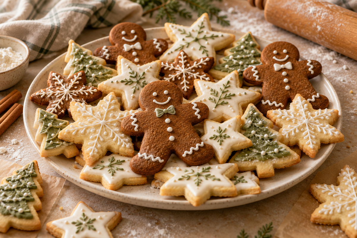 Iced gingerbread people and star, snowflake and evergreen sugar-cookie cutouts on a holiday cookie platter.